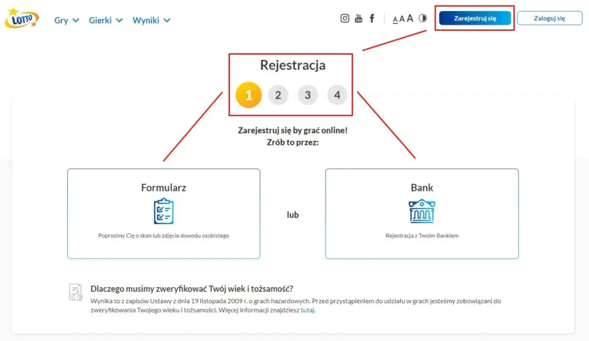 Formularz rejestracji na Lotto.pl z opcjami przez formularz lub bank.