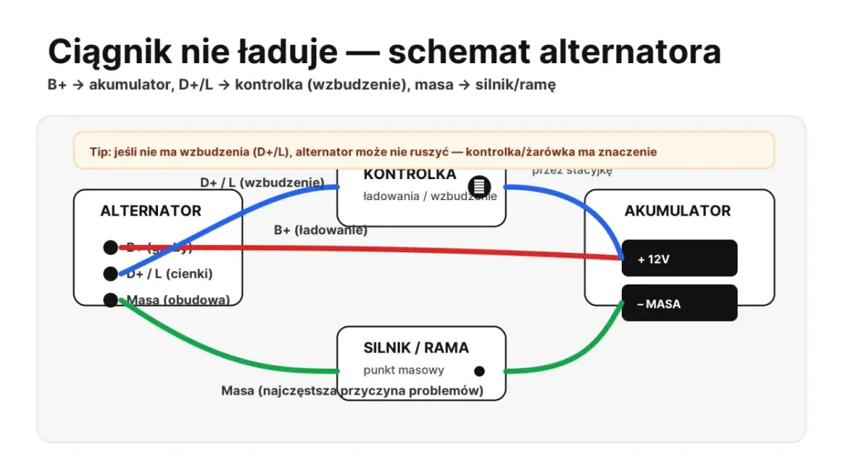 Schemat alternatora ciągnika. Sprawdź, jak alternator ładuje, analizując połączenia z akumulatorem, kontrolką i masą.