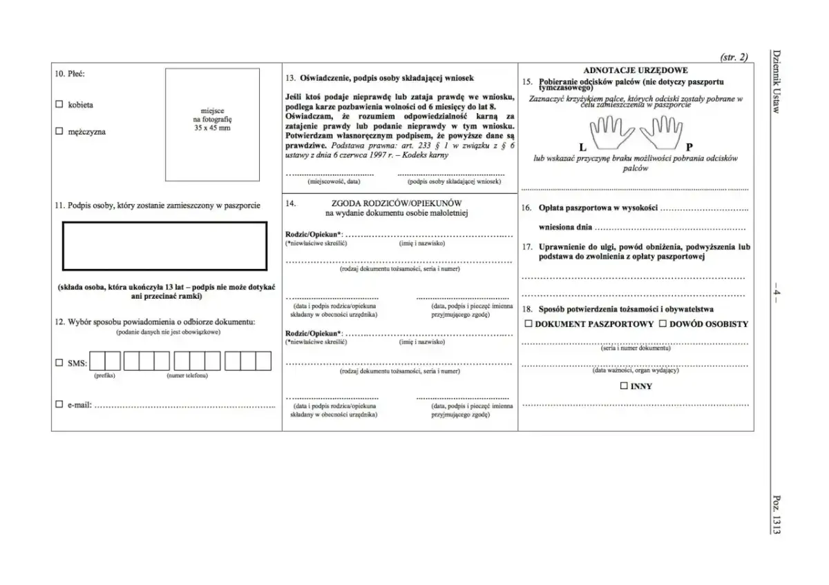 Fragment formularza wniosku o wydanie paszportu z polami do wypełnienia.
