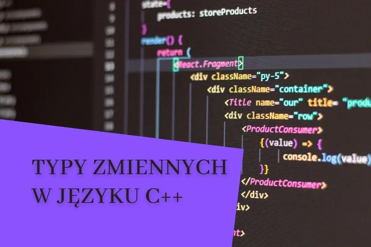 Kod źródłowy z napisem "TYPY ZMIENNYCH W JĘZYKU C++". Poznaj podstawy programowania.