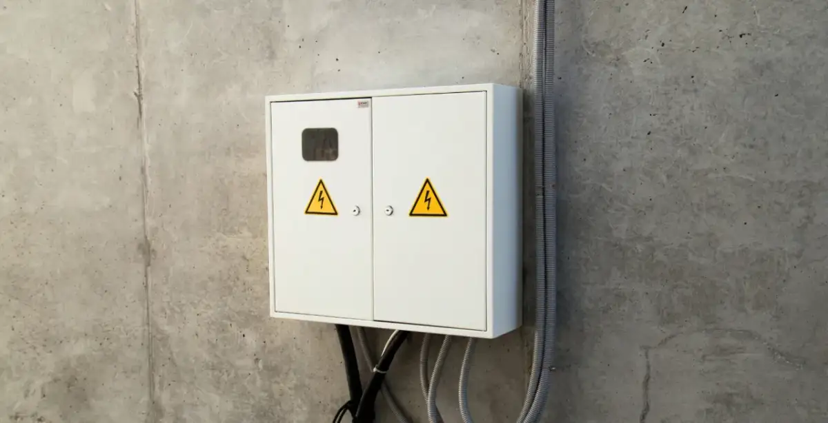 Biała skrzynka elektryczna z żółtymi symbolami ostrzegawczymi, gotowa do podłączenia prądu do domu.