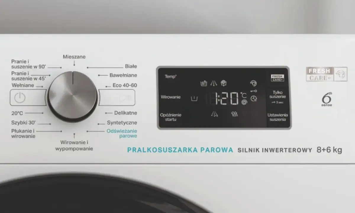 Panel sterowania pralkosuszarki Whirlpool z opisem programów: Mieszane, Białe, Bawełniane, Eco 40-60, Delikatne, Syntetyczne, Odświeżanie parowe. Wyświetlacz pokazuje czas 0:20.