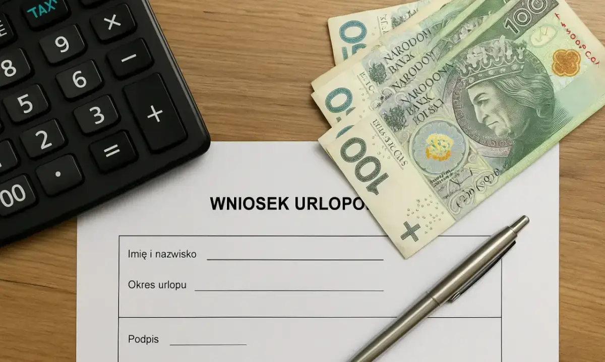 Formularz "Wniosek urlopowy" z długopisem, banknotami 100 zł i kalkulatorem. Czy na umowie zlecenie jest urlop? Sprawdź!