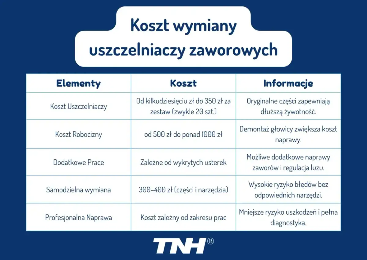 Tabela przedstawia koszt wymiany uszczelniaczy zaworowych, uwzględniając ceny części, robocizny i dodatkowych prac.