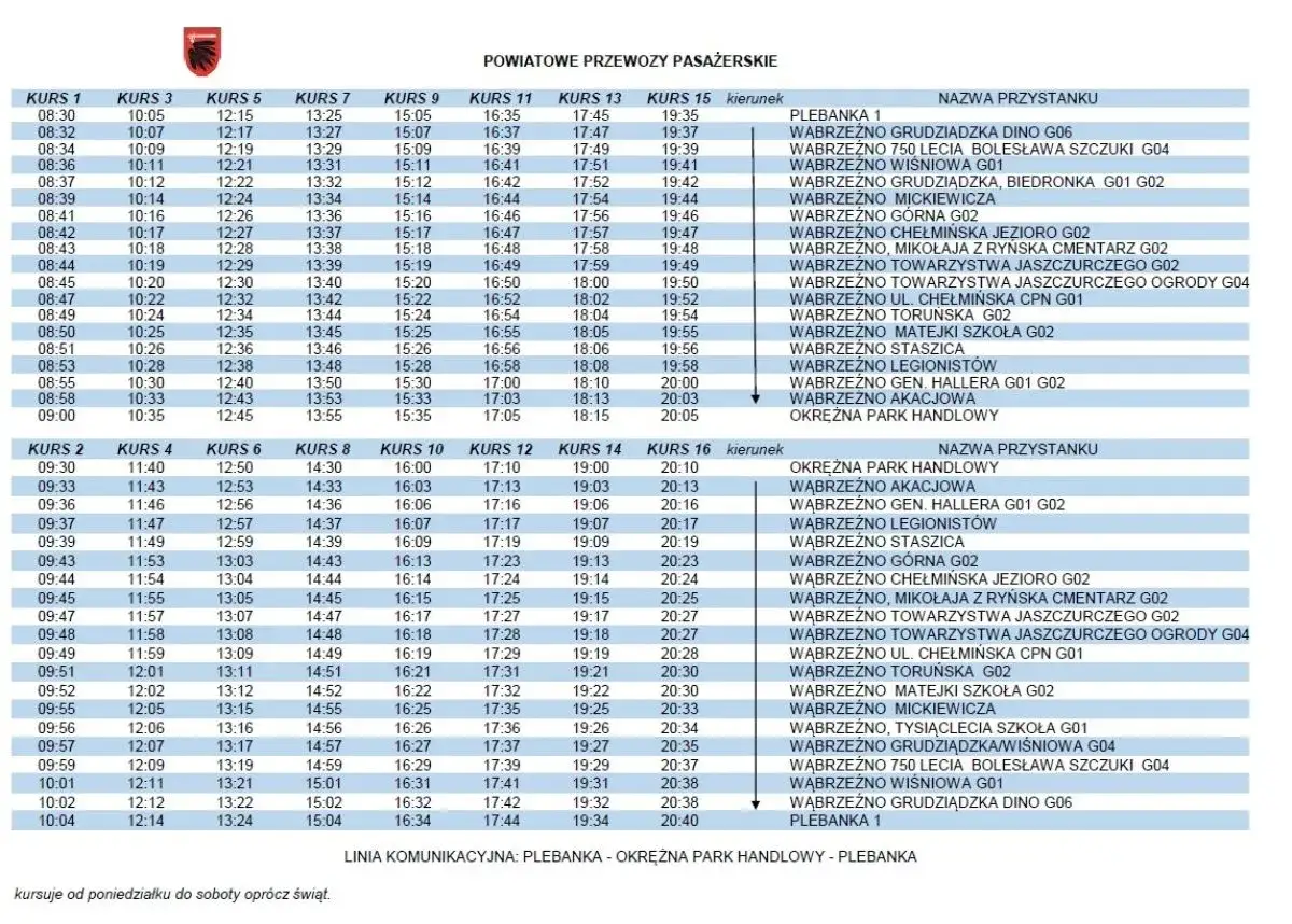 Tabela z rozkładem jazdy autobusów, godzinami kursów i nazwami przystanków.