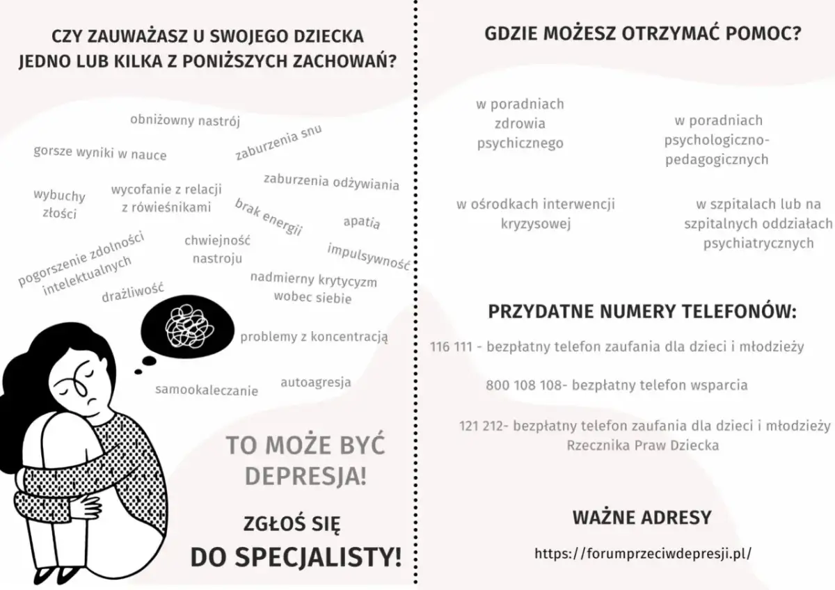 Ilustracja przedstawia smutną postać z kłębiącymi się myślami w chmurce, otoczoną listą objawów depresji.