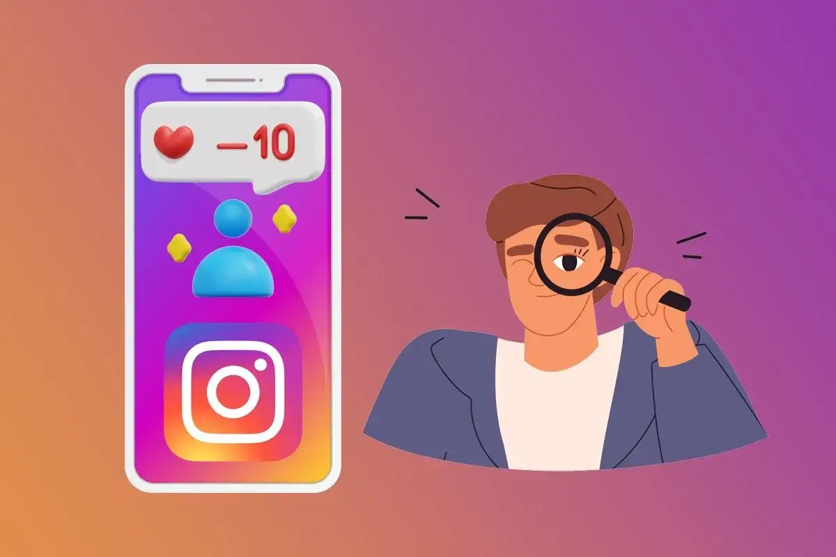 Mann mit Lupe schaut auf Instagram-App mit Herz und -10 Followern.