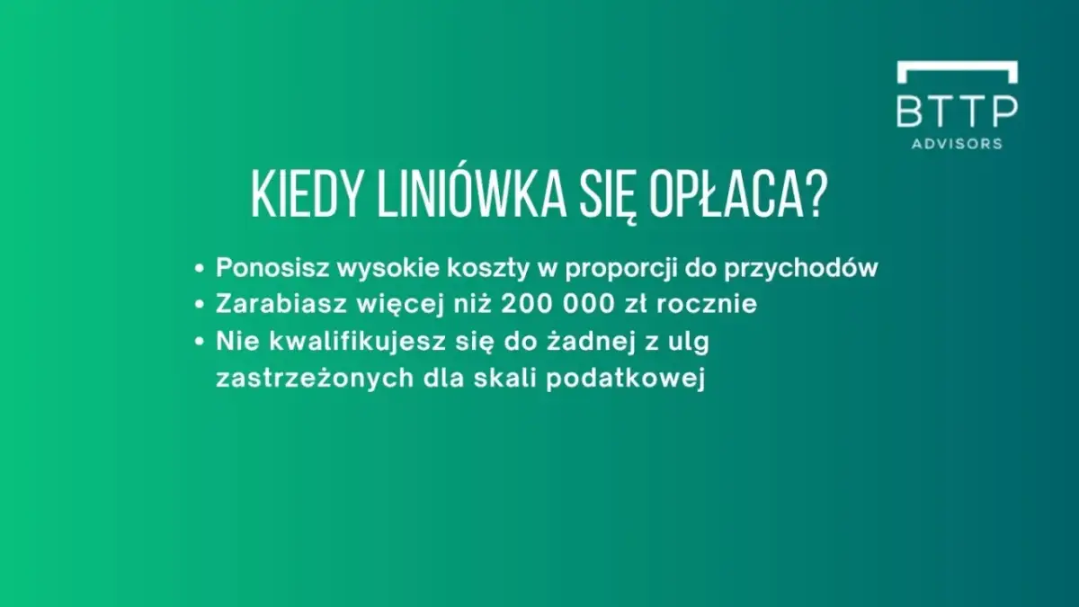Kiedy podatek liniowy się opłaca? Gdy ponosisz wysokie koszty, zarabiasz ponad 200 tys. zł rocznie i nie kwalifikujesz się do ulg.