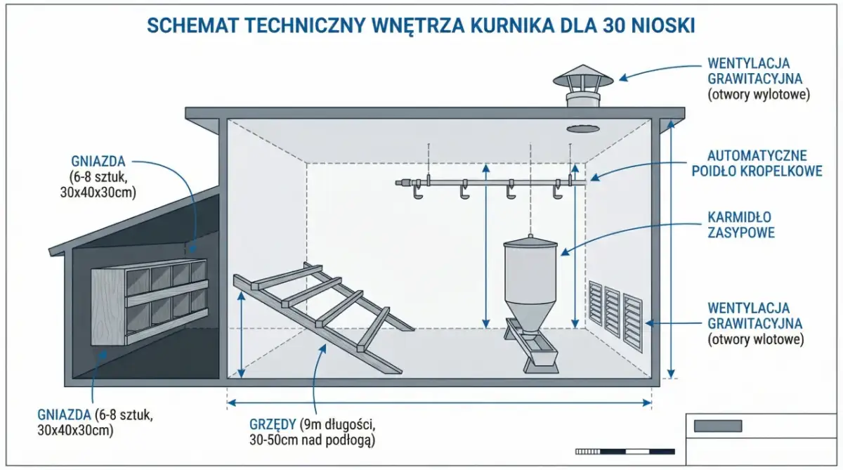 Schemat kurnika dla 30 kur niosek: gniazda, grzędy, karmidło, poidełko i wentylacja. Podstawy jak hodować kury nioski.