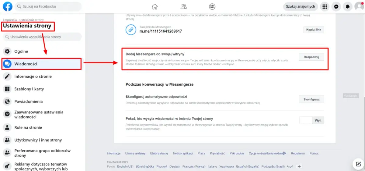 Kliknij "Wiadomości", aby dowiedzieć się, jak wejść w ustawienia Messengera i dodać go do swojej witryny.