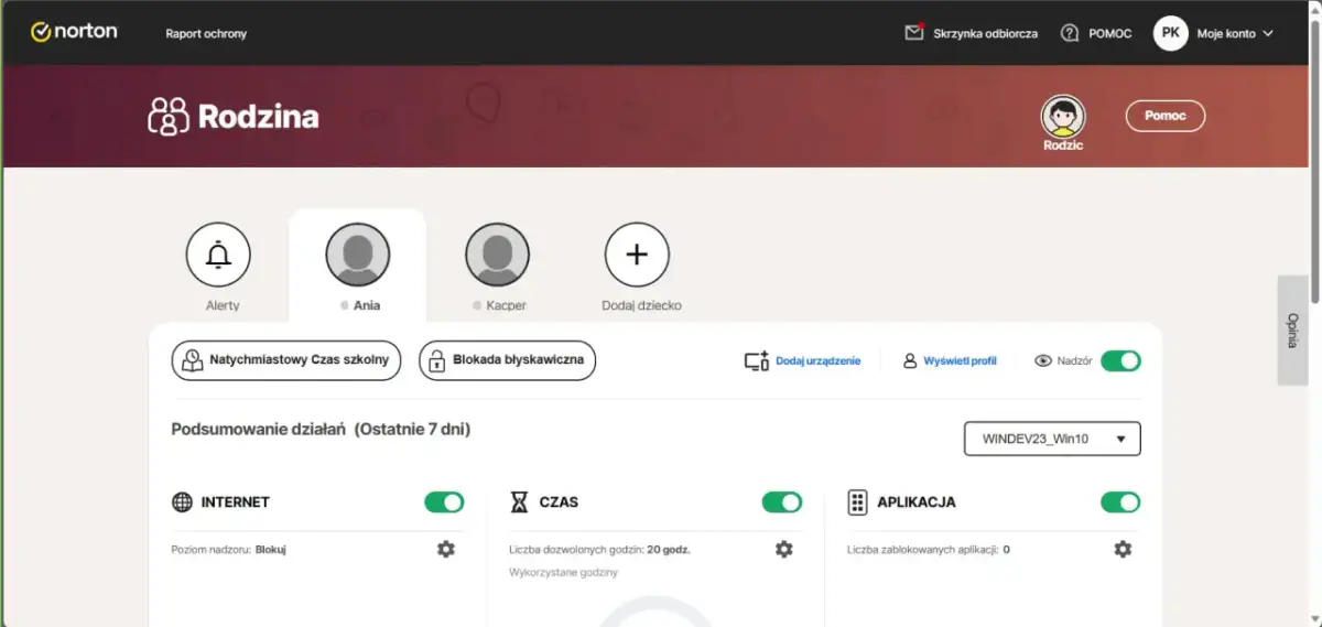 Panel Norton Rodzina: dodaj dziecko, ustaw alerty, blokuj czas i aplikacje, aby założyć kontrolę rodzicielską na telefon.