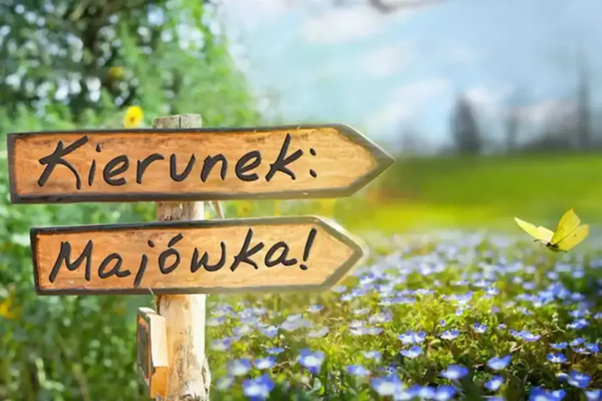 Drewniany drogowskaz "Kierunek: Majówka!" na tle kwitnącej łąki i latającego motyla. Idealny na majówkę 2026!