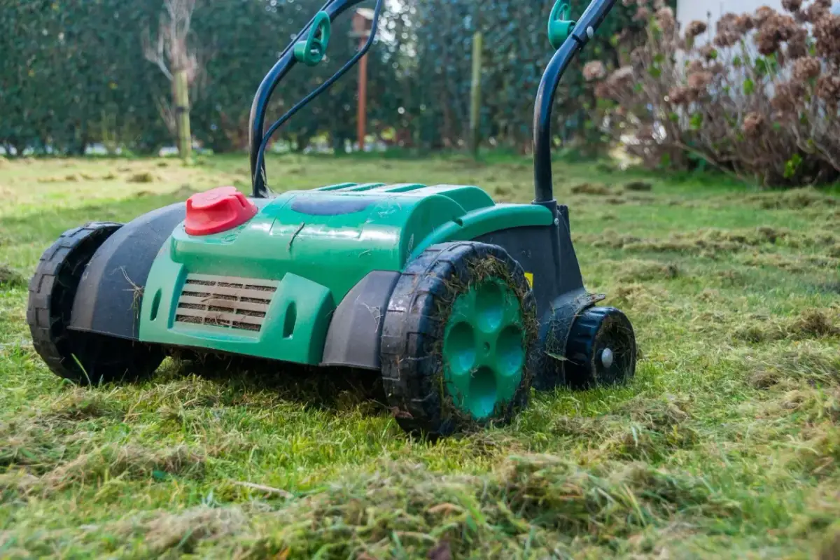 Zielony aerator do trawnika pracuje na wilgotnej trawie, pozostawiając za sobą ślady po wertykulacji.