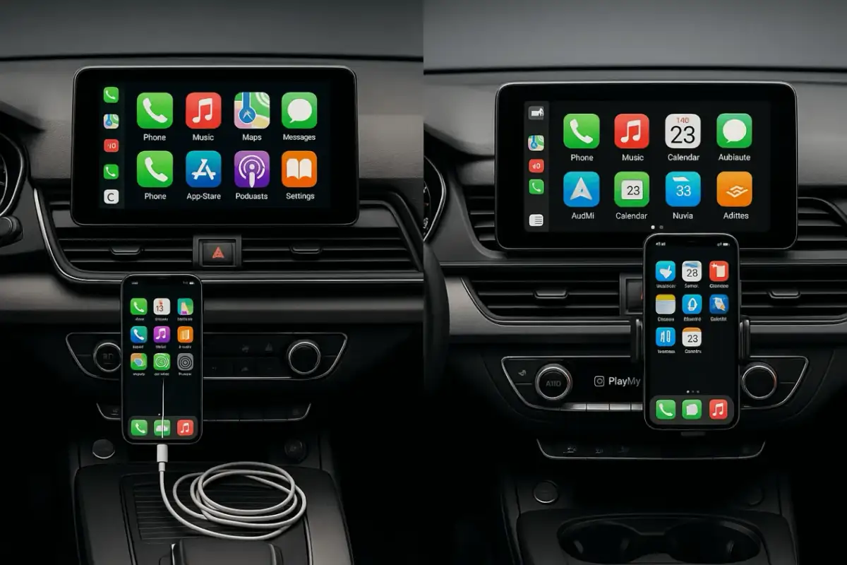 Jak połączyć telefon z samochodem? Widok deski rozdzielczej z ekranem Apple CarPlay i podłączonym iPhonem.