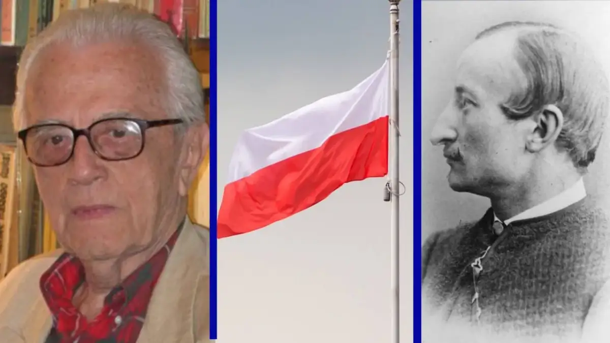 Trzy portrety: starszy pan w okularach, polska flaga na maszcie i mężczyzna z wąsikiem. Może to być kolaż na imieniny Jacka.