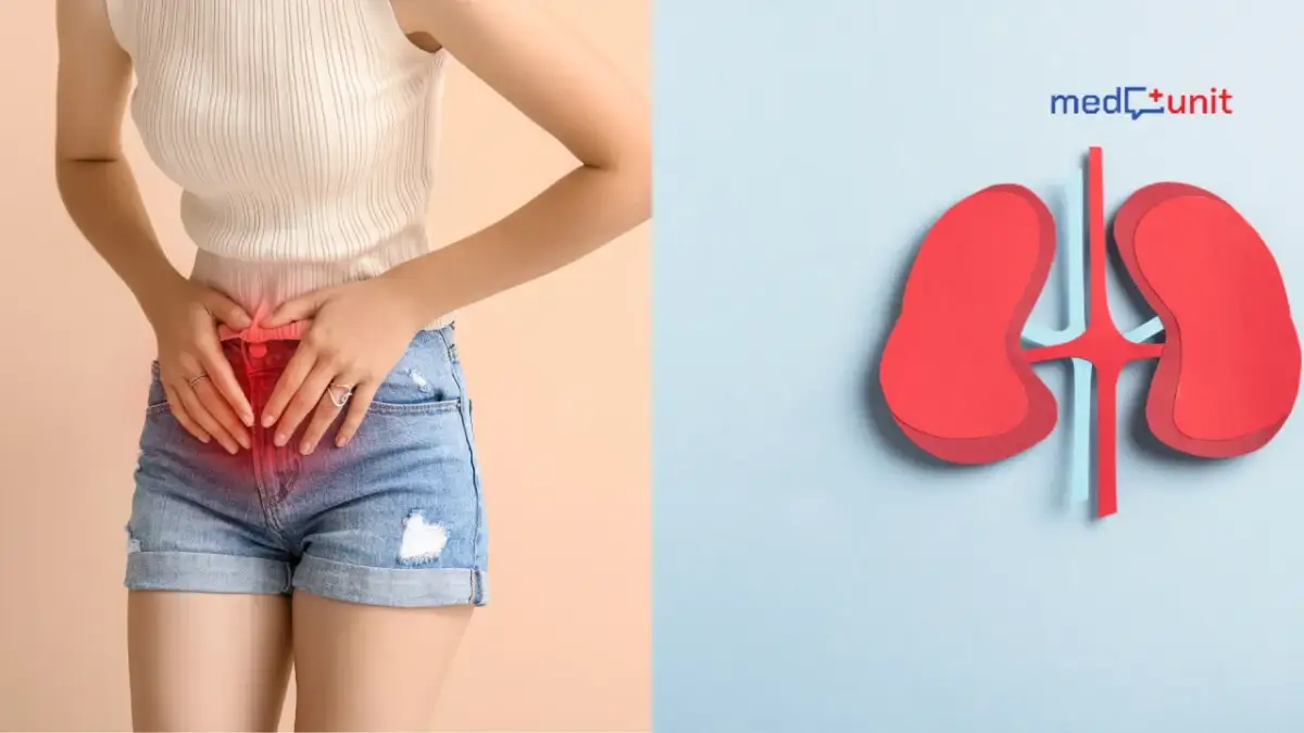 Kobieta z bólem w podbrzuszu i symbol nerek. Szukasz leki na śmierdzący mocz?