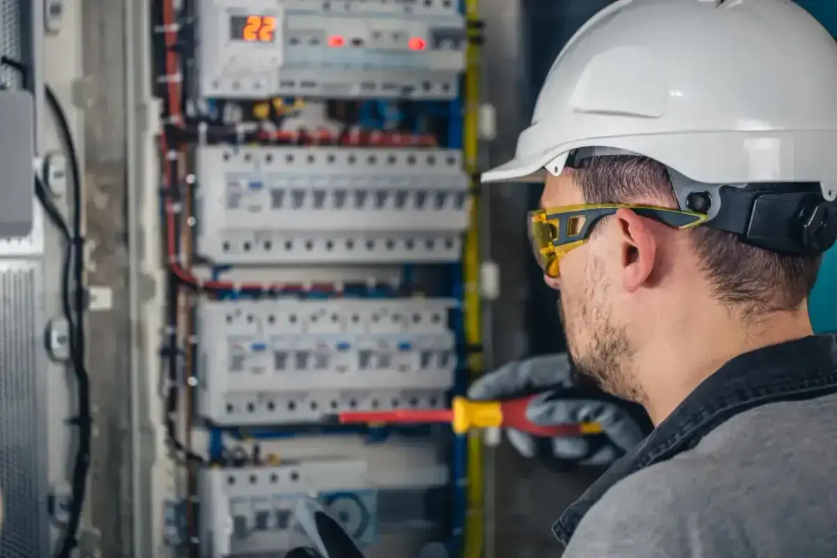 Elektryk w białym kasku i okularach ochronnych pracuje przy skrzynce z bezpiecznikami. Zastanawiasz się, ile zarabia elektryk?