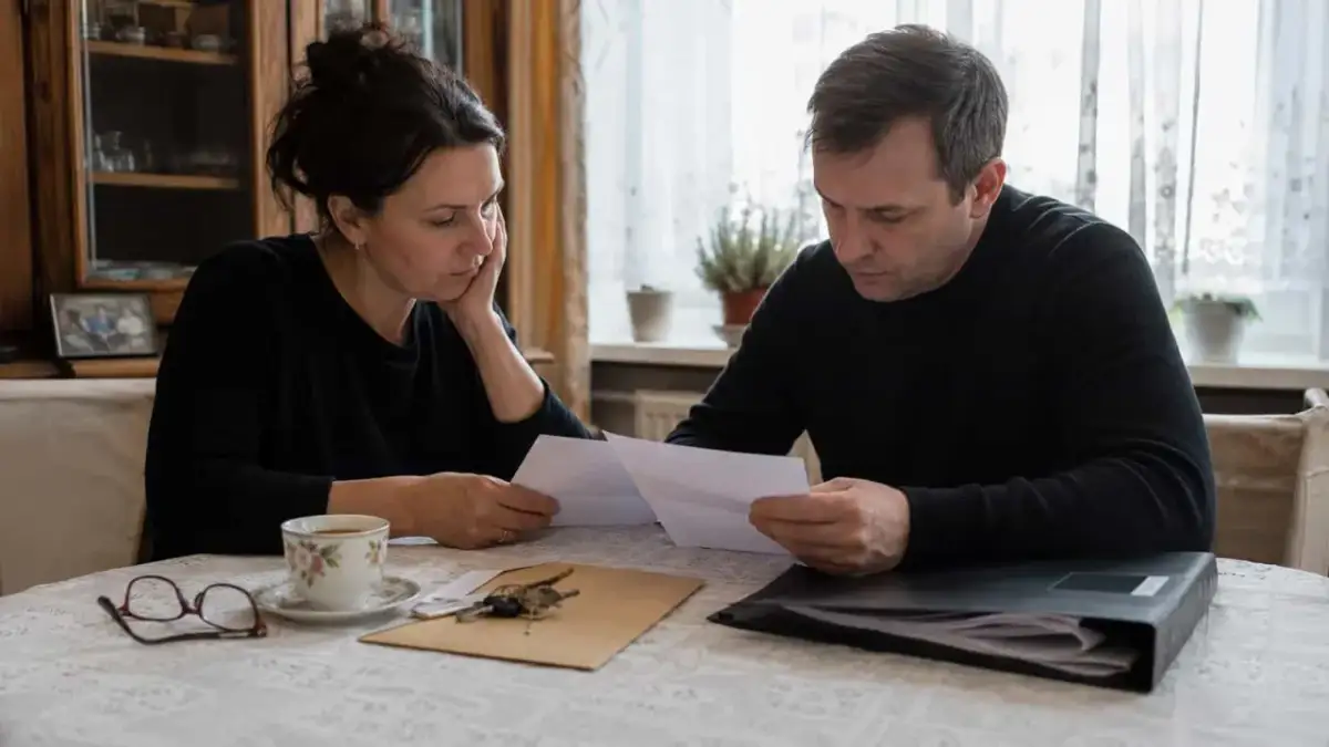 Zmartwieni rodzice przeglądają dokumenty, martwiąc się o przyszłość swojej siostrzenicy.