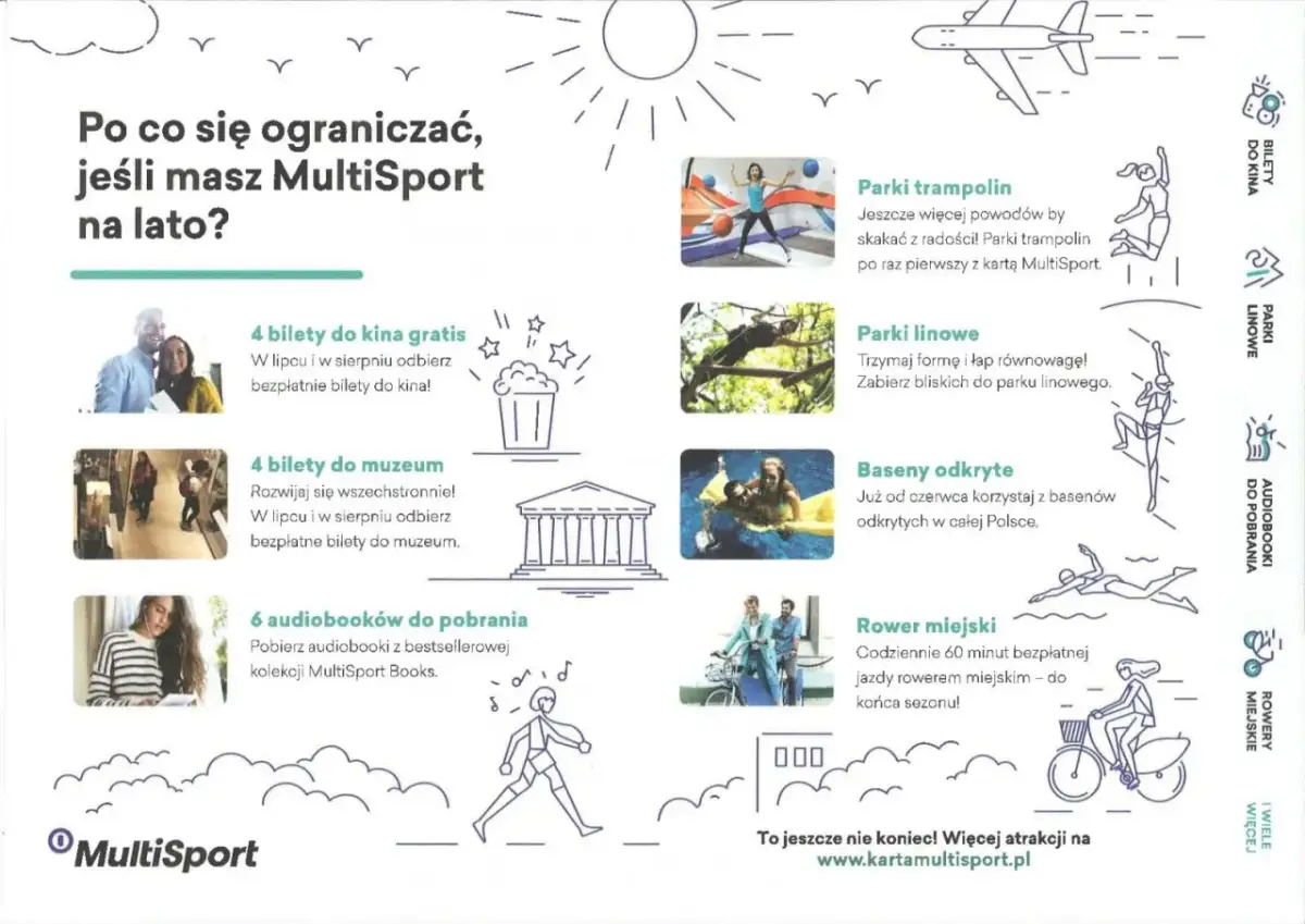 Karta MultiSport oferuje kino, muzea, parki trampolin i linowe, baseny, rowery miejskie i audiobooki. Dowiedz się, jak działa karta MultiSport, by cieszyć się latem bez ograniczeń!
