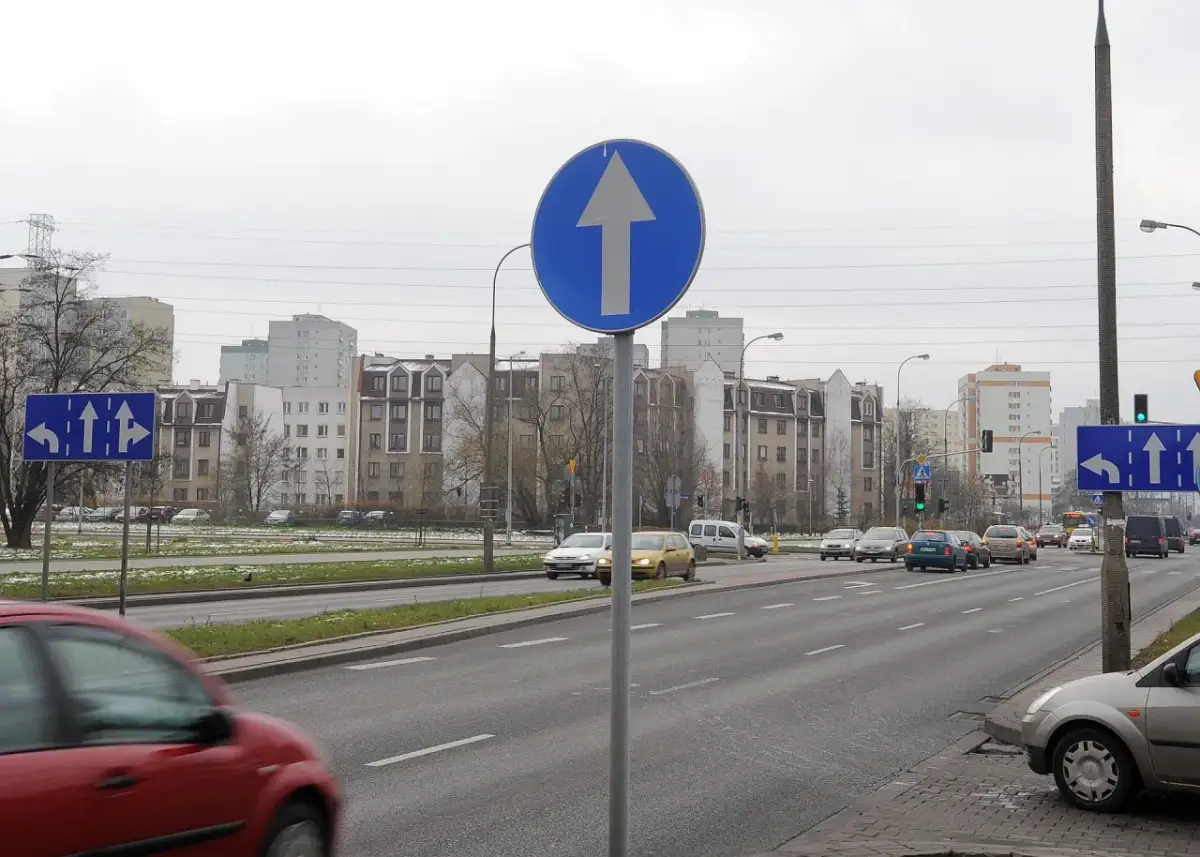 Znak drogowy jednokierunkowy z białą strzałką w górę na niebieskim tle. Po lewej stronie znak nakazu jazdy prosto lub skrętu w lewo.