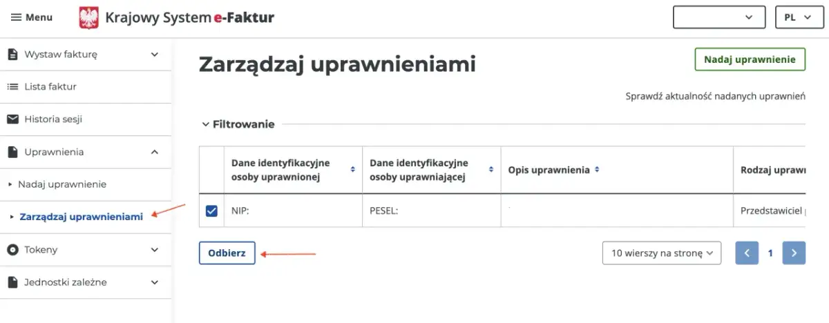 Widok formularza zaw-fa do zarządzania uprawnieniami. Można tu odebrać lub nadać uprawnienia, a także przeglądać listę faktur.