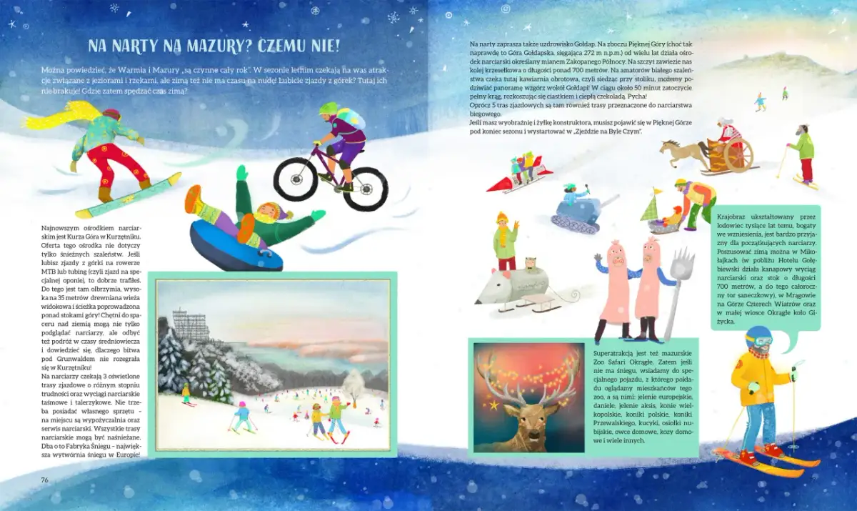 Ilustracja przedstawia zimowe aktywności na Mazurach: snowboardzistę, rowerzystę górskiego, saneczkarzy i narciarzy.