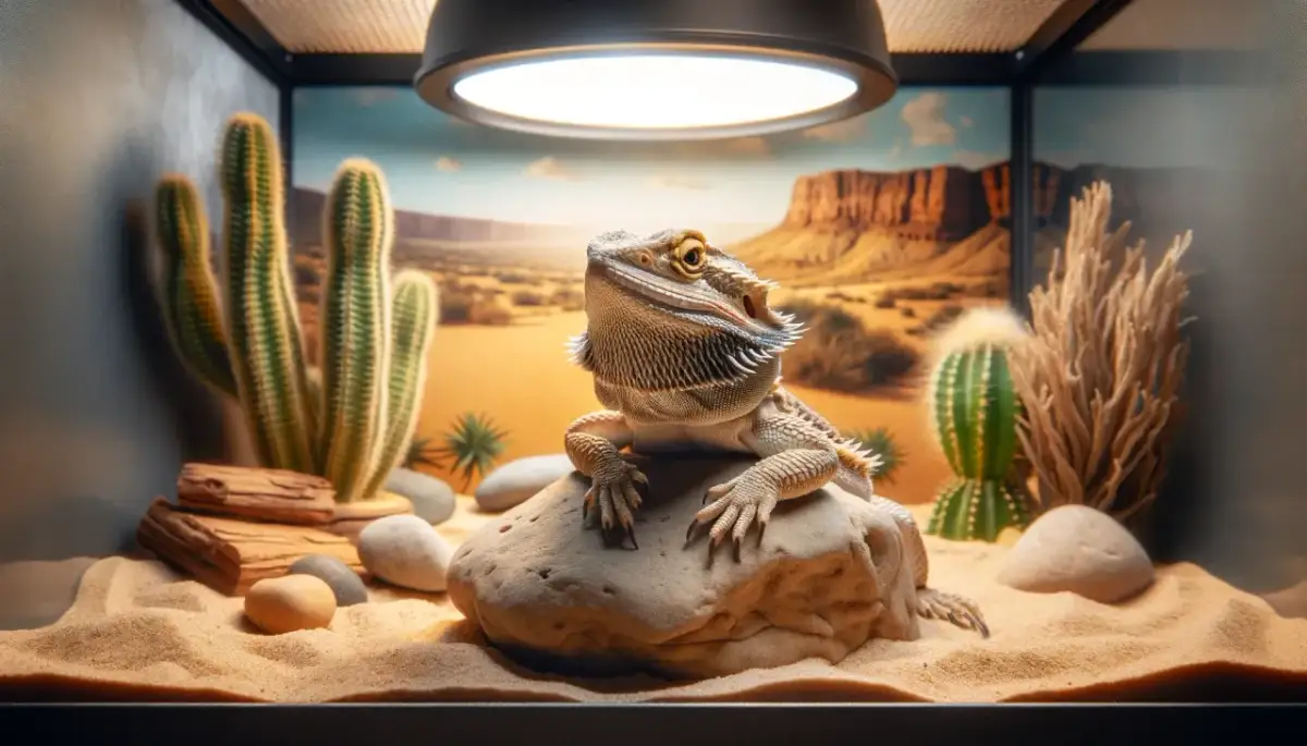 Agama brodata siedząca na kamieniu w piaskowym terrarium z kaktusami i pustynnym tłem.