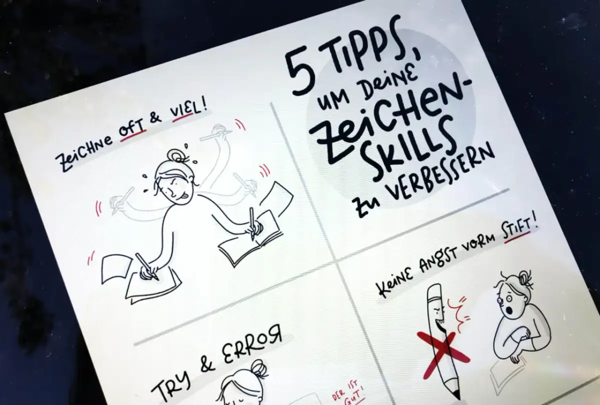 Zeichnungen mit vielen Armen, die schreiben, und ein Stift mit einem roten Kreuz.