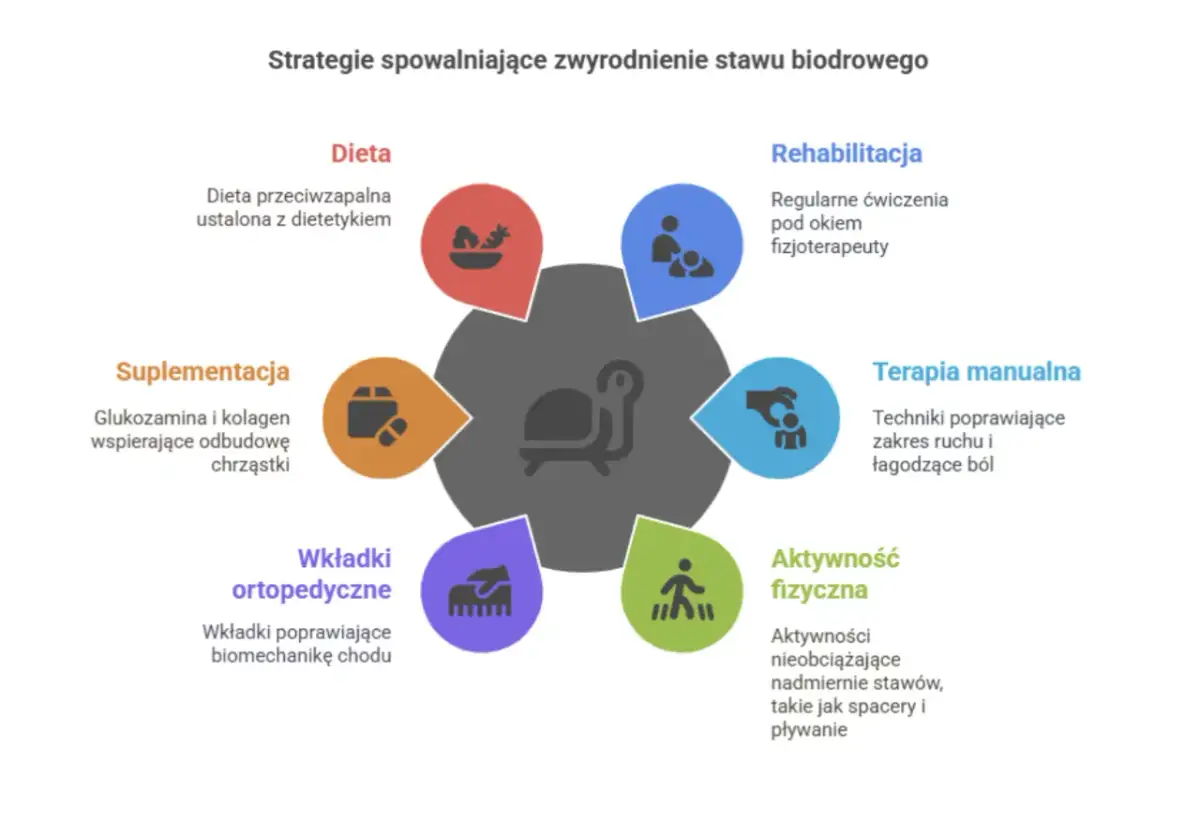 Strategie spowalniające zwyrodnienie stawu biodrowego: dieta, suplementacja, wkładki ortopedyczne, aktywność fizyczna, rehabilitacja, terapia manualna. Domowe sposoby na zwyrodnienie stawu biodrowego.