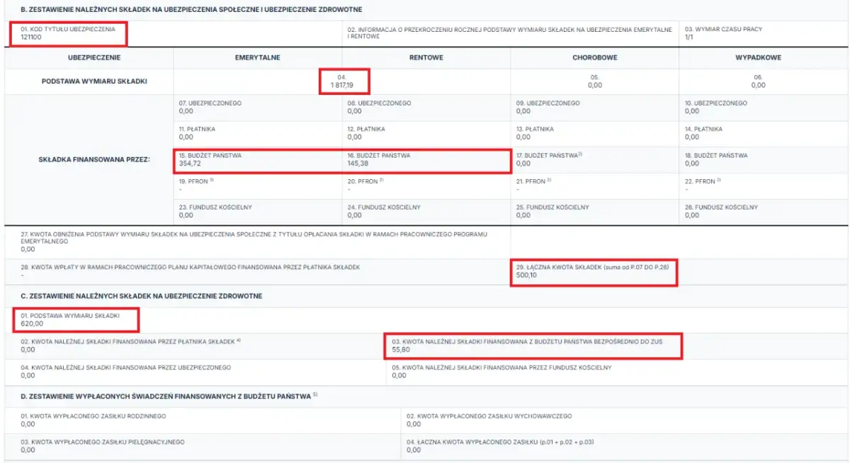 Fragment formularza ZUS z zaznaczonymi polami dotyczącymi składek i podstawy wymiaru.