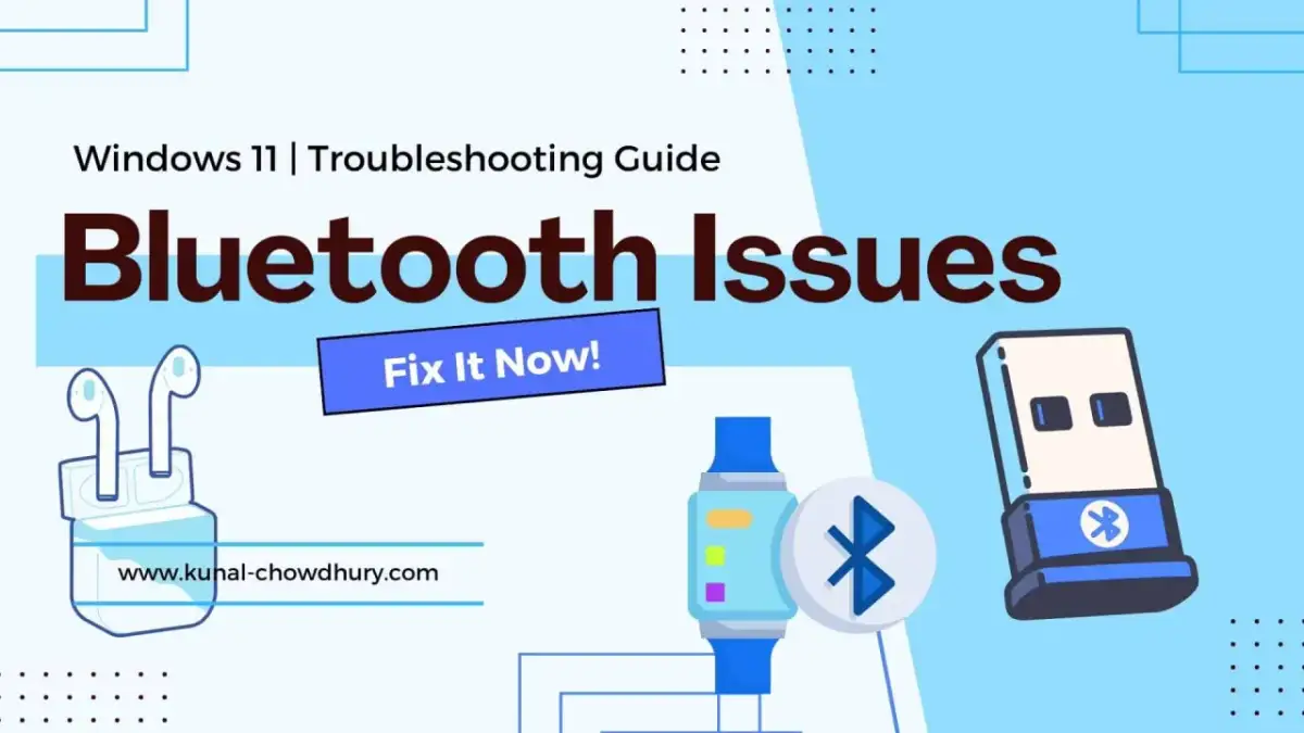 Grafika z napisem "Bluetooth Issues", słuchawkami, smartwatchem i adapterem USB.