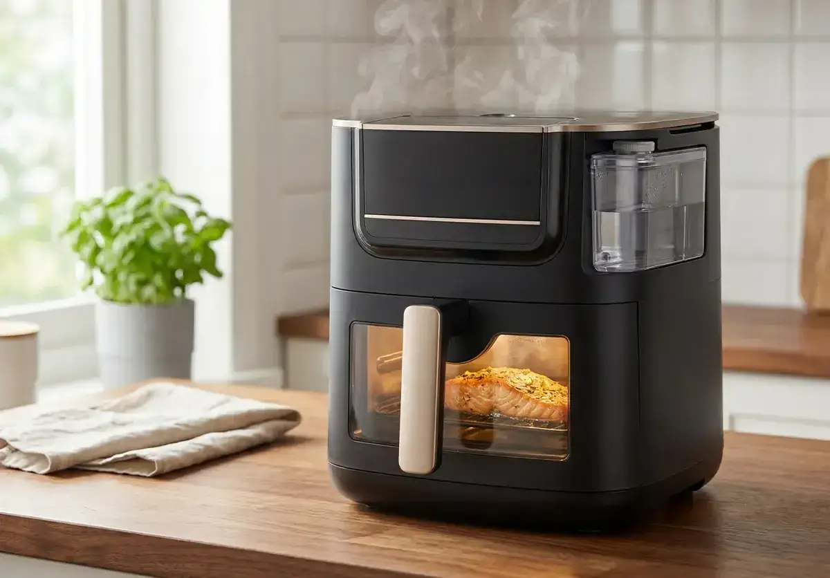 Nowoczesny airfryer z okienkiem, w którym piecze się łosoś. Idealny do zdrowego gotowania, warto sprawdzić jego ranking.