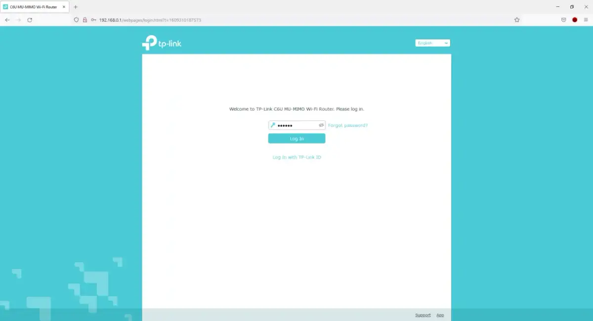 Ekran logowania routera TP-Link C6U MU-MIMO Wi-Fi. Tu zaczynasz, by dowiedzieć się, jak zaktualizować router TP-Link.