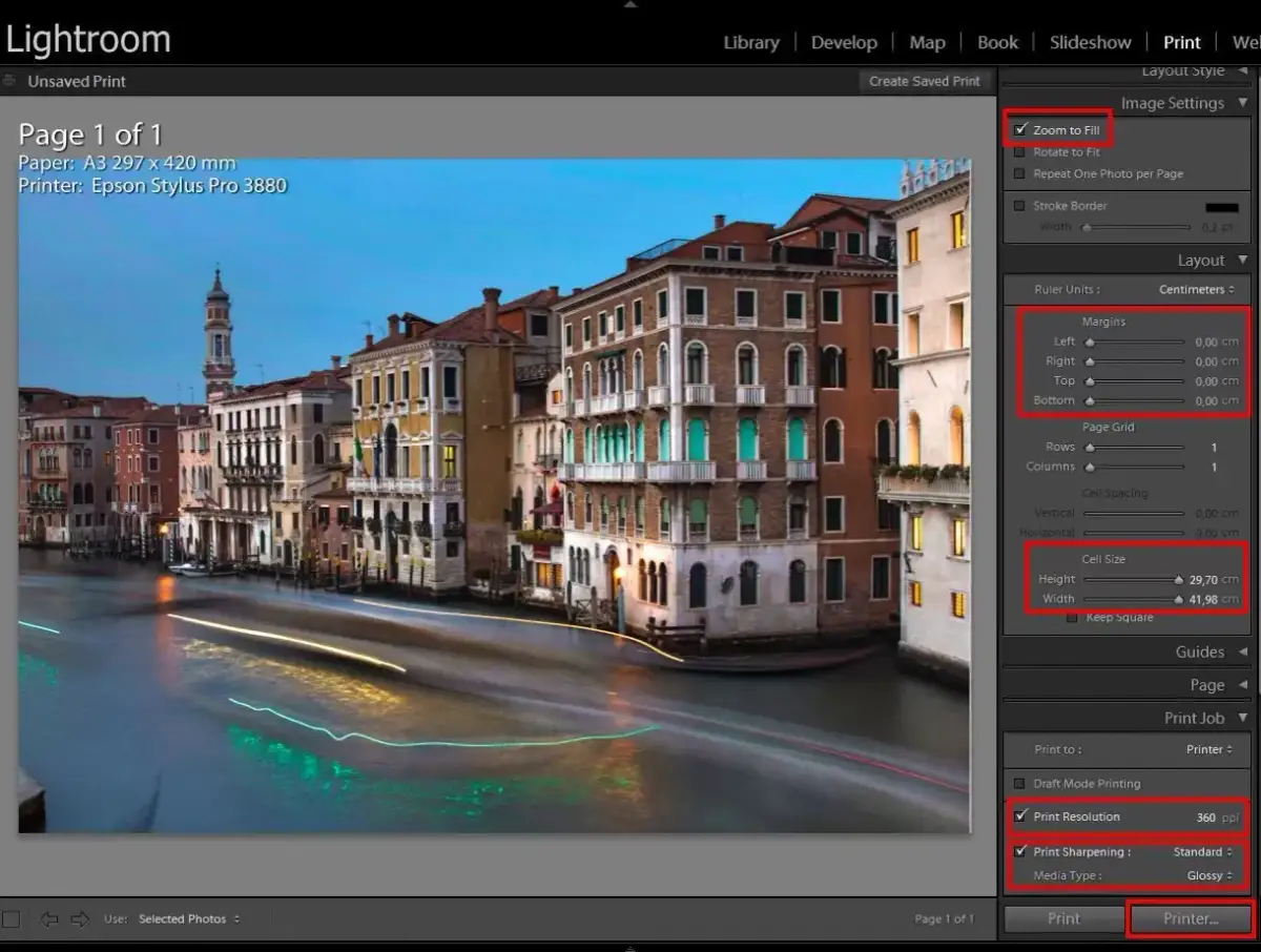 Widok na kanał w Wenecji z zaznaczonymi ustawieniami drukowania w Lightroom, w tym rozdzielczość druku 360 ppi.
