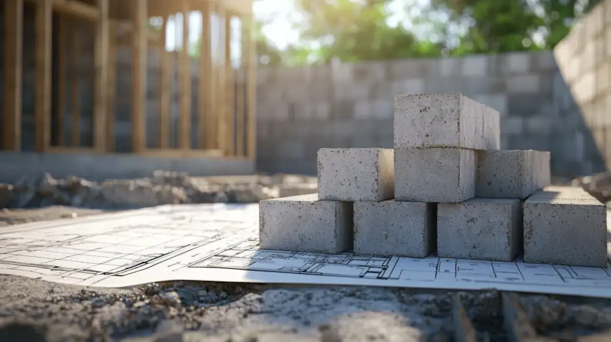 Stos bloczków gazobetonu na planach budowy domu. Wybór materiału: gazobeton czy pustak ceramiczny?