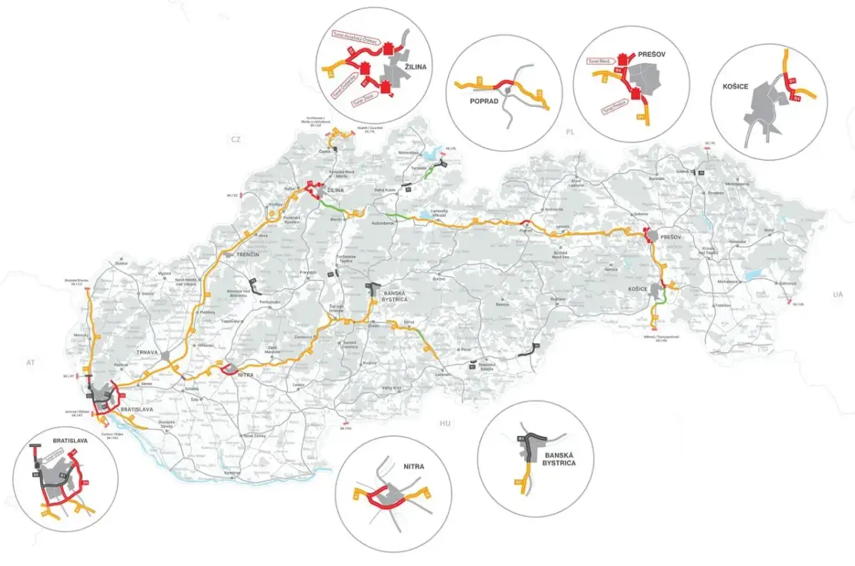 Mapa Słowacji z zaznaczonymi drogami. Czy autostrada A4 jest płatna? Na mapie widać drogi krajowe i autostrady, niektóre oznaczone jako płatne.