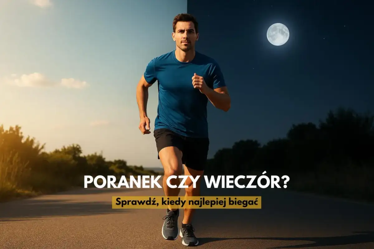 Mężczyzna biegnie po drodze, z podziałem na dzień i noc z księżycem.