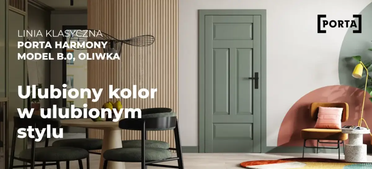 Klasyczna, oliwkowa porta Harmony B.0 z czarną klamką, idealnie wpasowana w nowoczesne wnętrze.