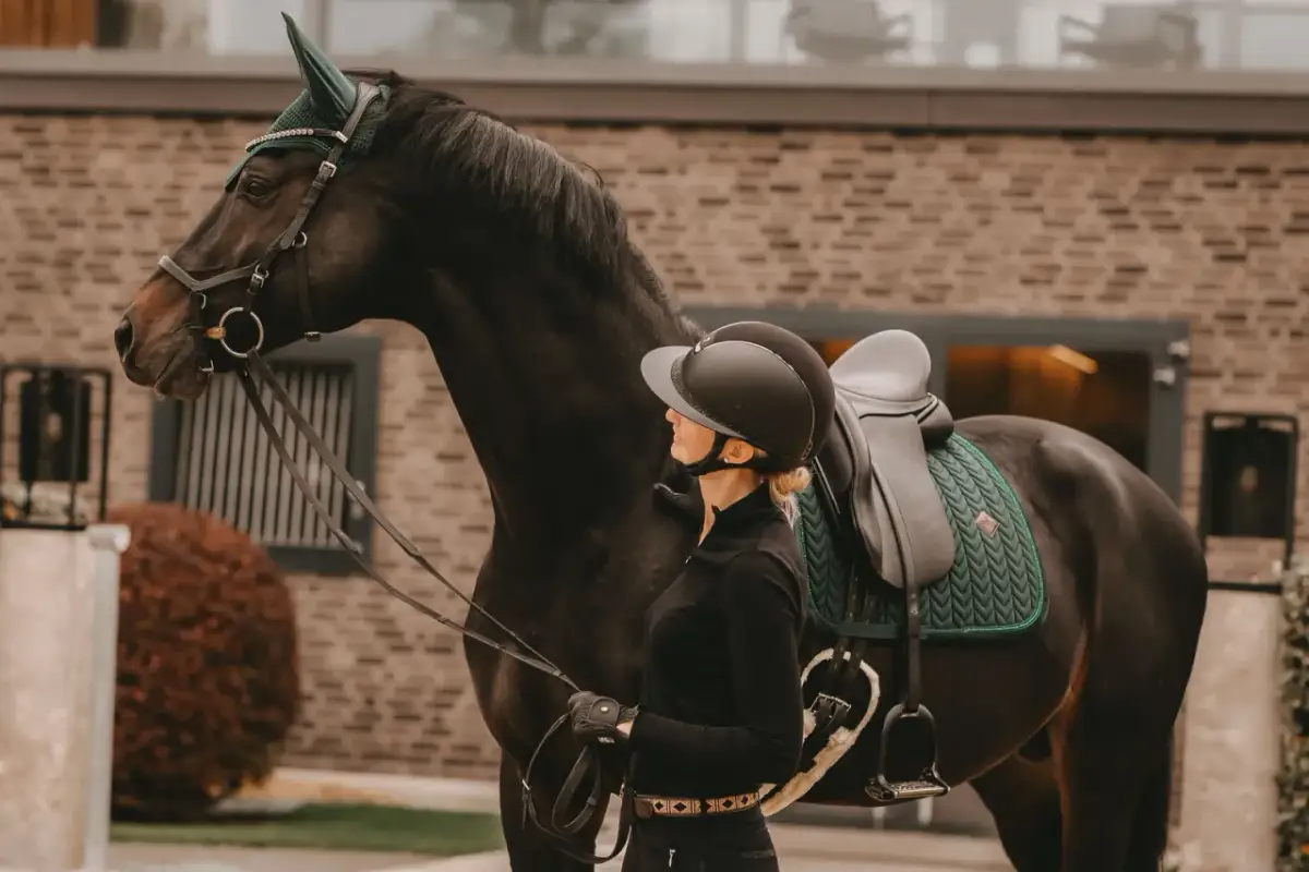 Eleganckie nauszniki zdobią głowę ciemnego konia, gotowego do jazdy. Obok stoi jeźdźczyni w kasku.