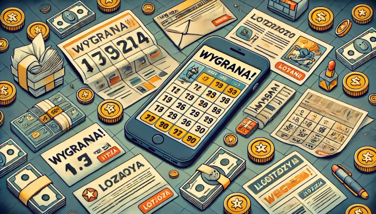 Telefon z siatką liczb, banknoty, monety i kupony z napisem "WYGRANA!".