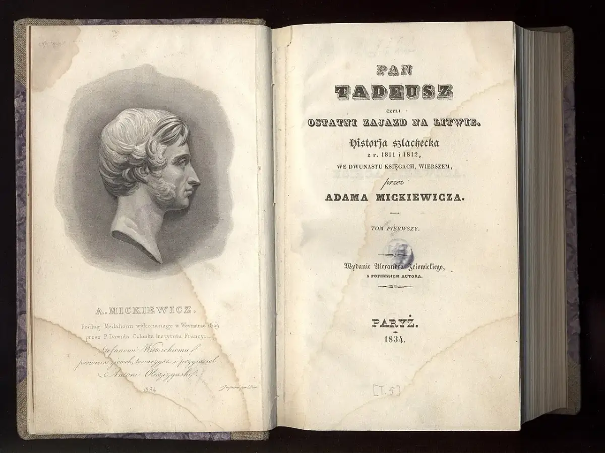 Portret Adama Mickiewicza i karta tytułowa "Pana Tadeusza", dzieła, które powstało w 1834 roku.