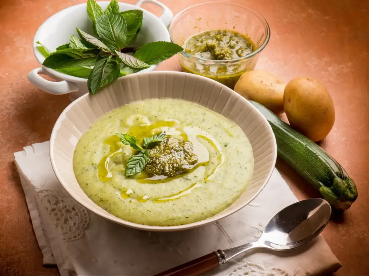 Zupa z cukinii z pesto, miętą, ziemniakami i cukinią.