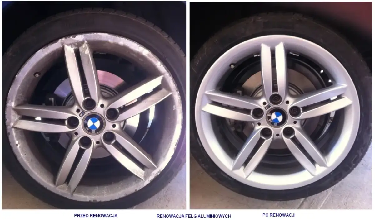 Porównanie felgi aluminiowej BMW przed i po renowacji. Widać znaczącą poprawę wyglądu, co sugeruje, jaki podkład do felg aluminiowych został użyty.