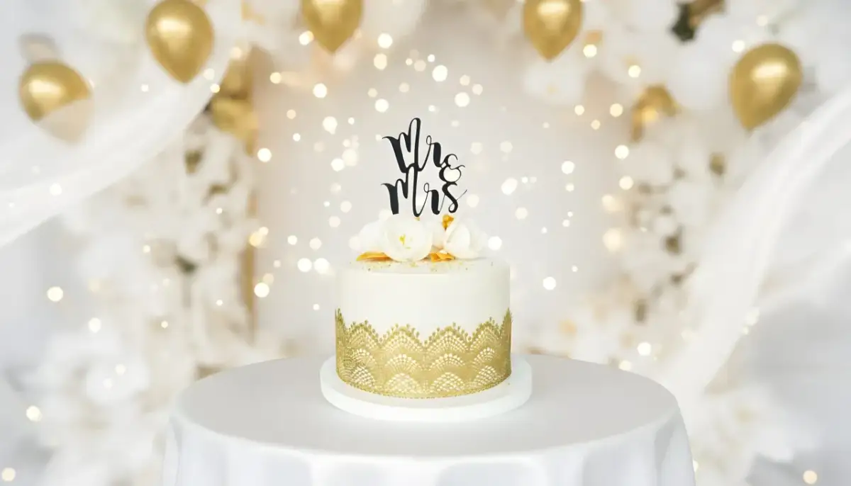 Elegancki tort weselny z napisem "Mr & Mrs" i złotymi zdobieniami. Idealne miejsce, gdzie kupić ozdoby na tort na wyjątkowe okazje.