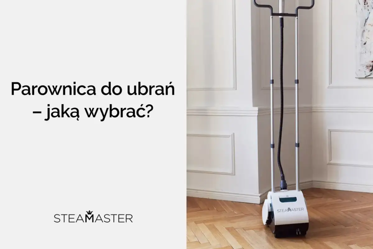 Parownica do ubrań Steam Master, stojąca na drewnianej podłodze, gotowa do prasowania.