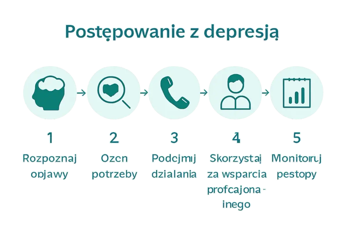 Schemat 5 kroków postępowania z depresją: rozpoznaj objawy, oceń potrzeby, podejmij działania, skorzystaj ze wsparcia, monitoruj postępy.