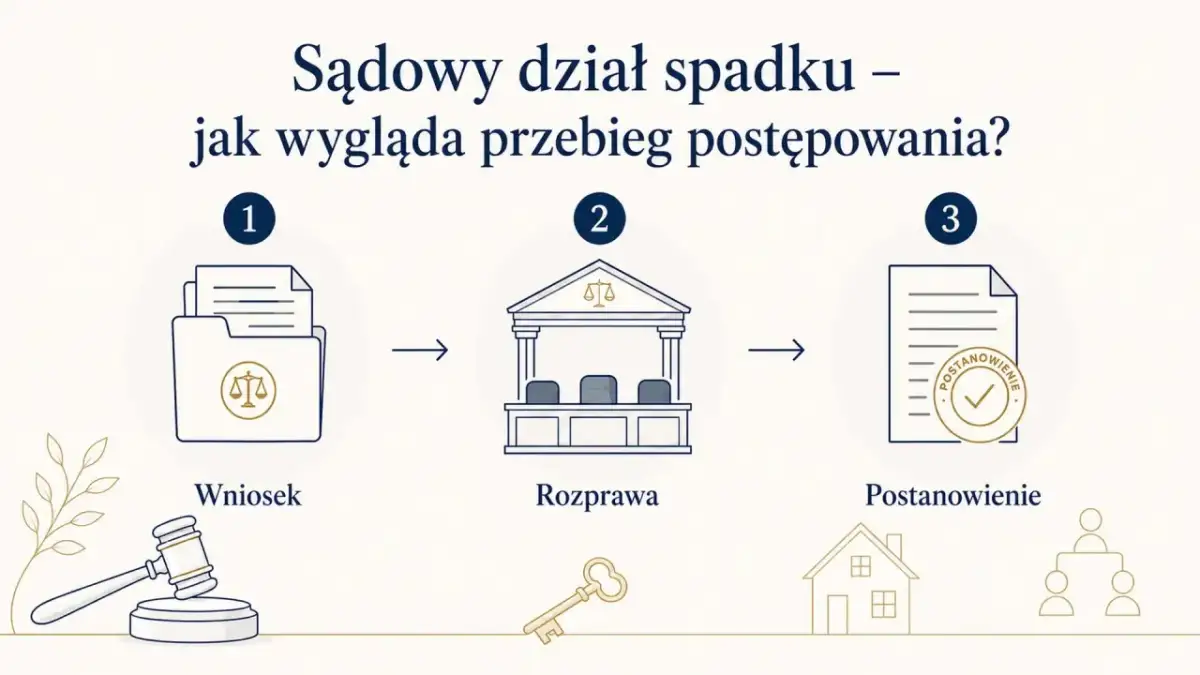 Schemat postępowania spadkowego: wniosek, rozprawa, postanowienie. Ilustracja przedstawia etapy sądowego działu spadku.