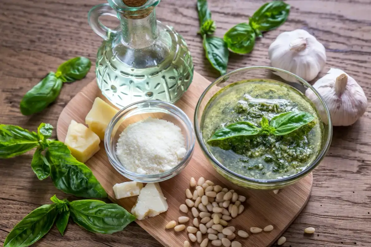 Składniki pesto: bazylia, czosnek, parmezan, orzeszki piniowe, oliwa.
