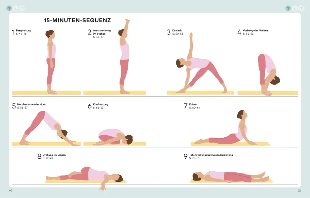 Illustrationen von 9 Yoga-Posen für Anfänger, von Berghaltung bis Totenstellung.