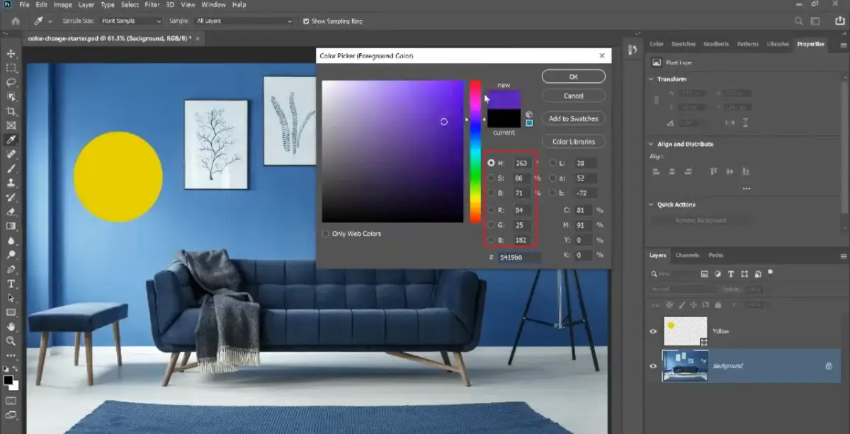 Okno dialogowe "Kolor" w Photoshopie z widocznym wyborem koloru fioletowego i wartościami RGB.